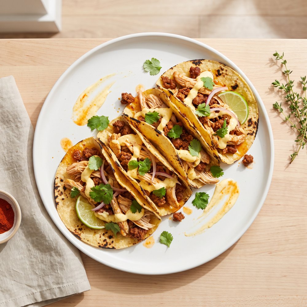 Pressure Cooker Chicken Tacos with Chorizo and Saffron Yogurt