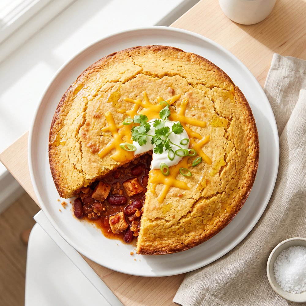 Quick Turkey Chili Cornbread Pot Pie
