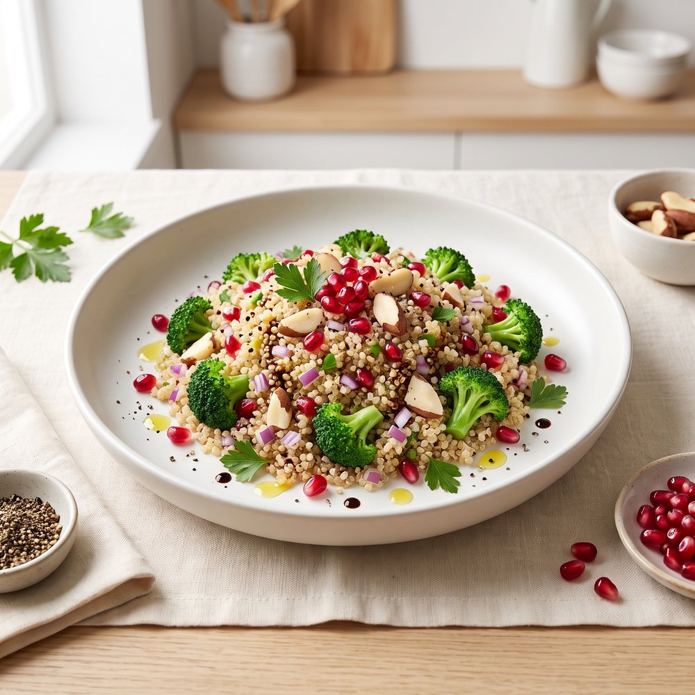 Quinoa Broccoli Salad with Brazil Nuts and Pomegranate