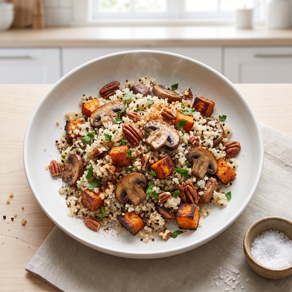 Quinoa with Sweet Potato and Crimini Mushrooms