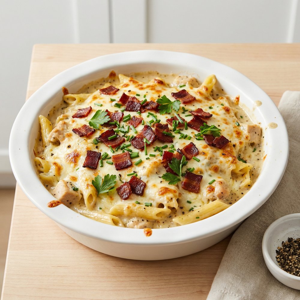Ranch Chicken, Bacon, and Alfredo Penne Bake