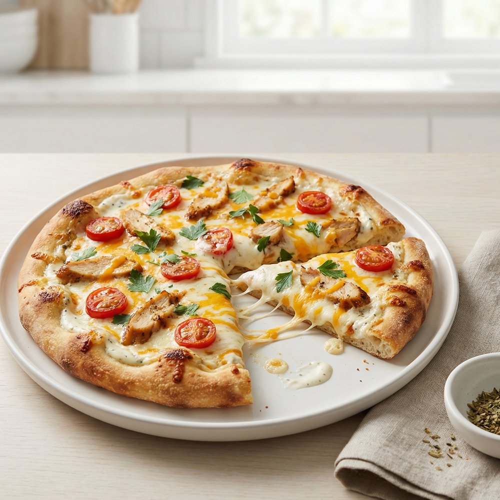 Ranch Chicken Pizza with Tomatoes and Cheese