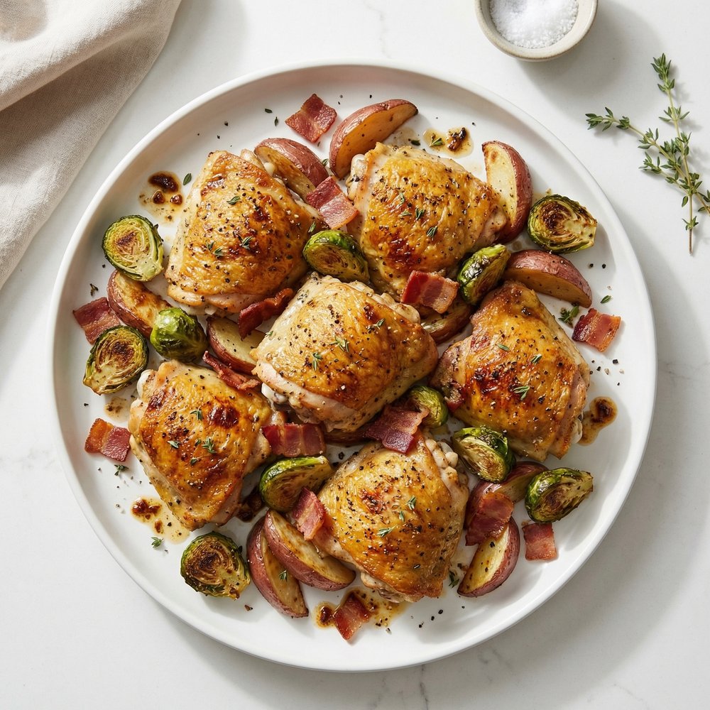 Roasted Chicken Thighs with Brussels Sprouts, Bacon, and Potatoes