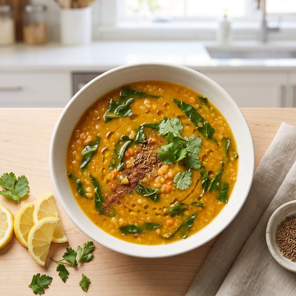 Red Lentil Soup with Collard Greens and Lemon