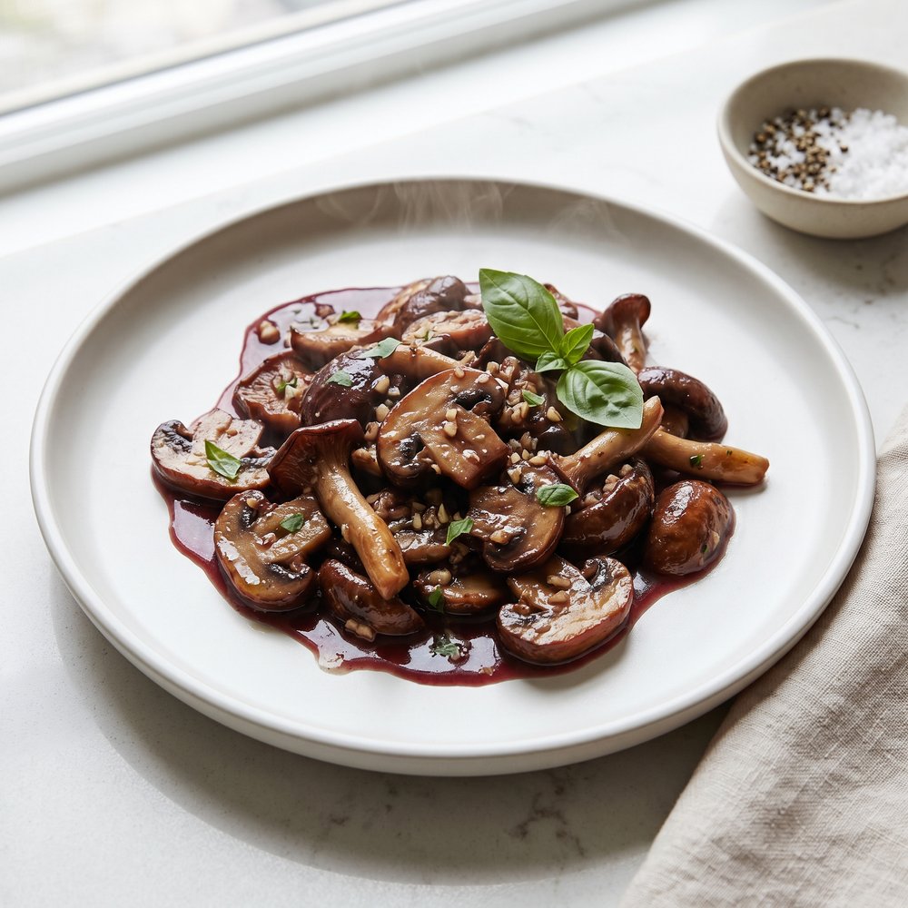 Red Wine Garlic Mushrooms with Basil