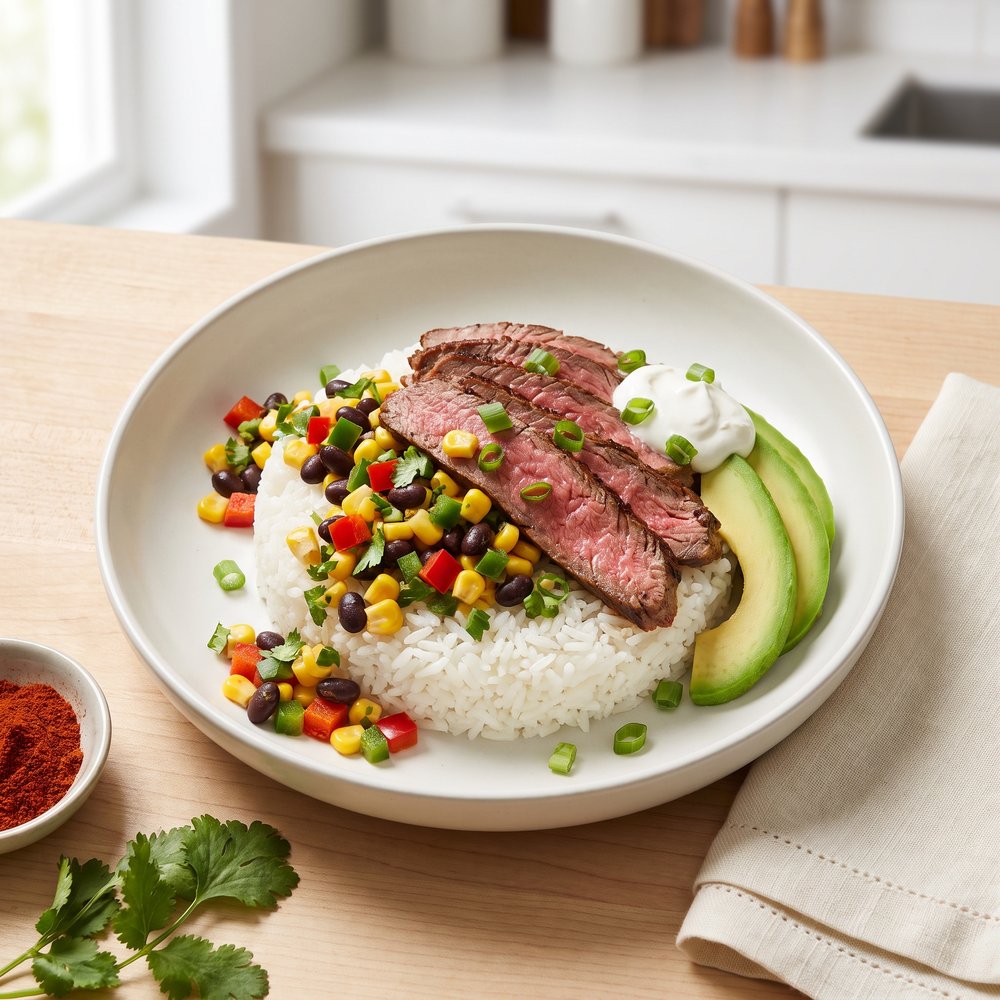 Rice Bowls with Marinated Flank Steak and Veggie Relish