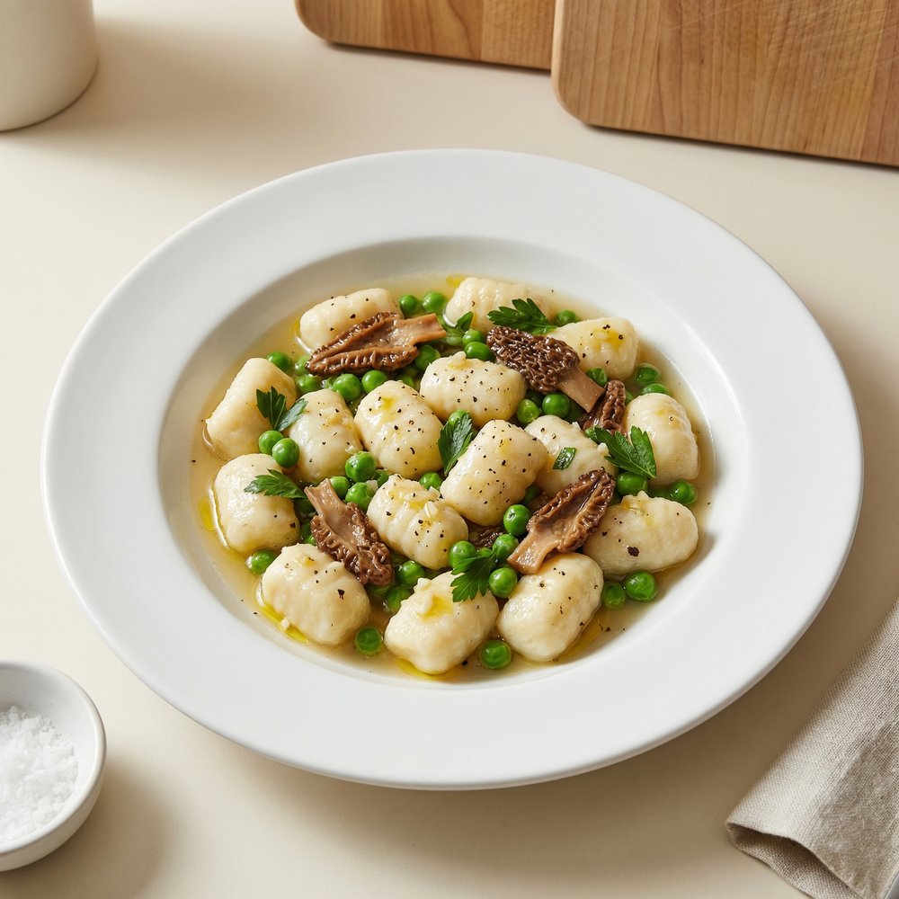 Pillowy Ricotta Gnocchi with Peas and Morel Mushrooms