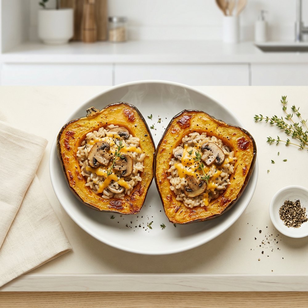 Acorn Squash Stuffed with Cheesy Mushroom Rice