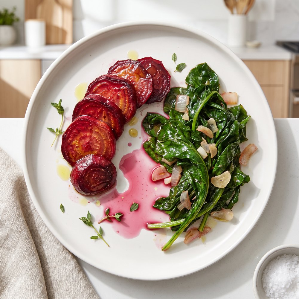 Roasted Beets and Sauteed Beet Greens