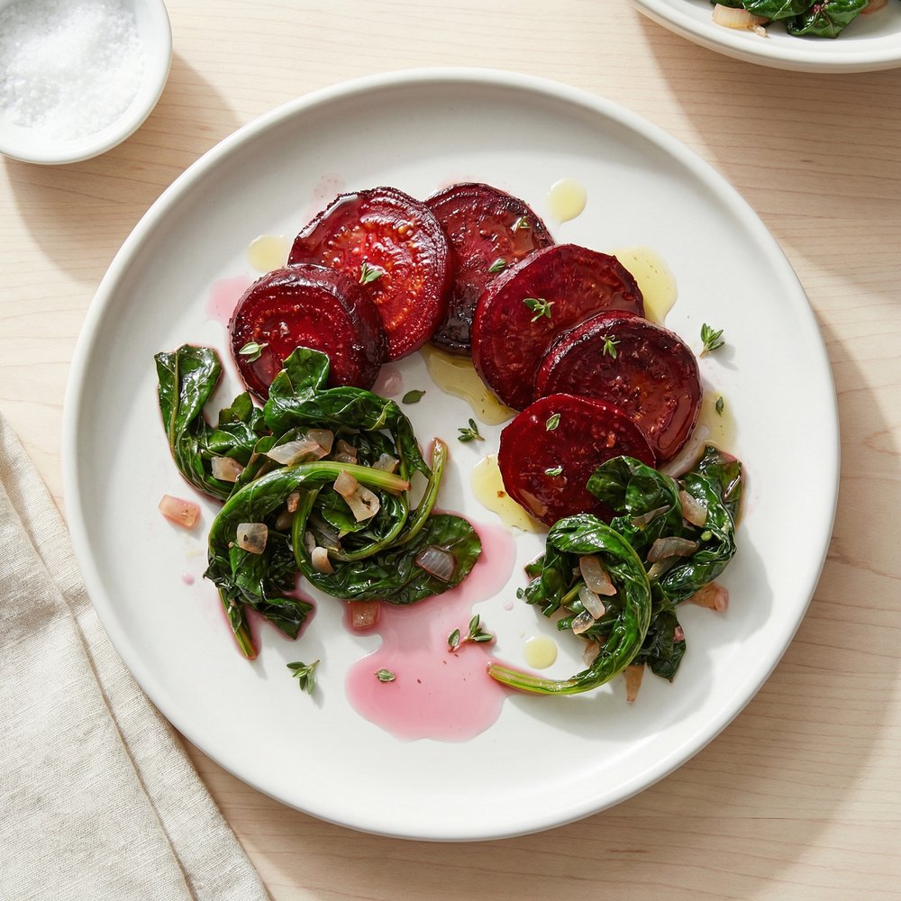 Roasted Beets and Sauteed Beet Greens