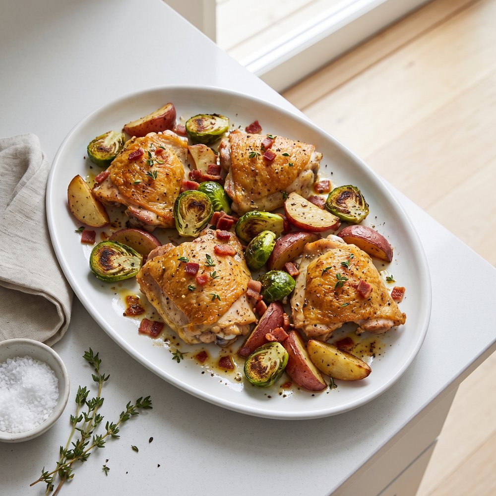 Roasted Chicken Thighs with Brussels Sprouts, Bacon, and Potatoes
