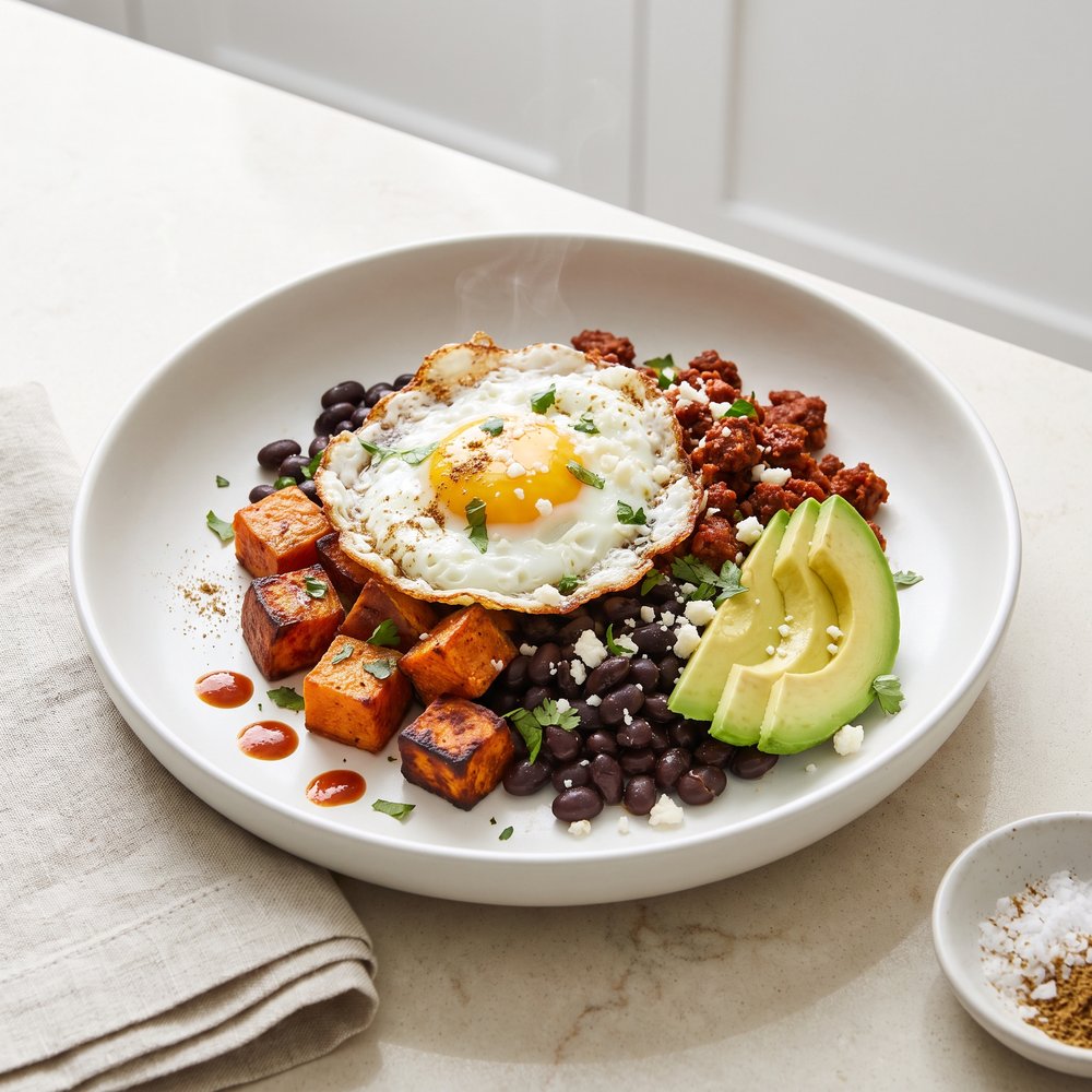 Roasted Sweet Potato, Black Bean, and Chorizo Breakfast Bowls
