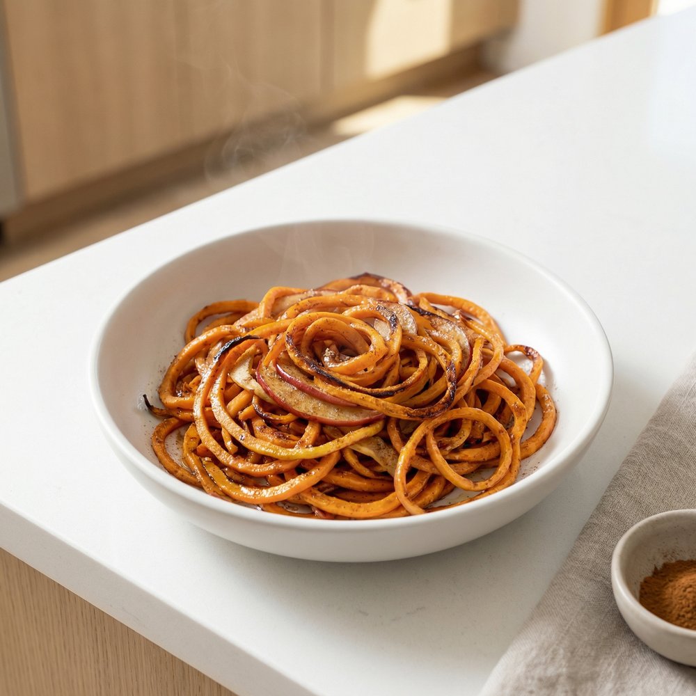 Roasted Vanilla-Spiced Spiral Sweet Potatoes with Apples