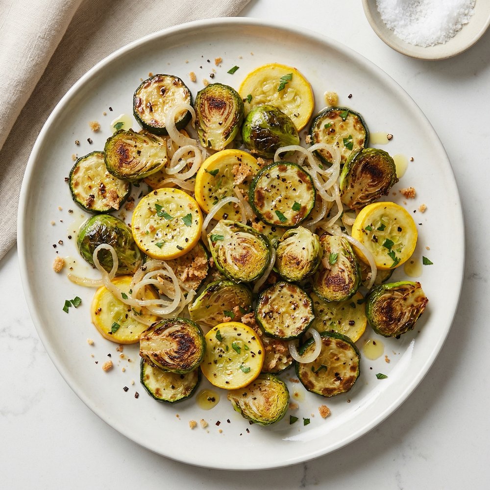 Oven-Roasted Zucchini, Summer Squash, and Brussels Sprouts Medley