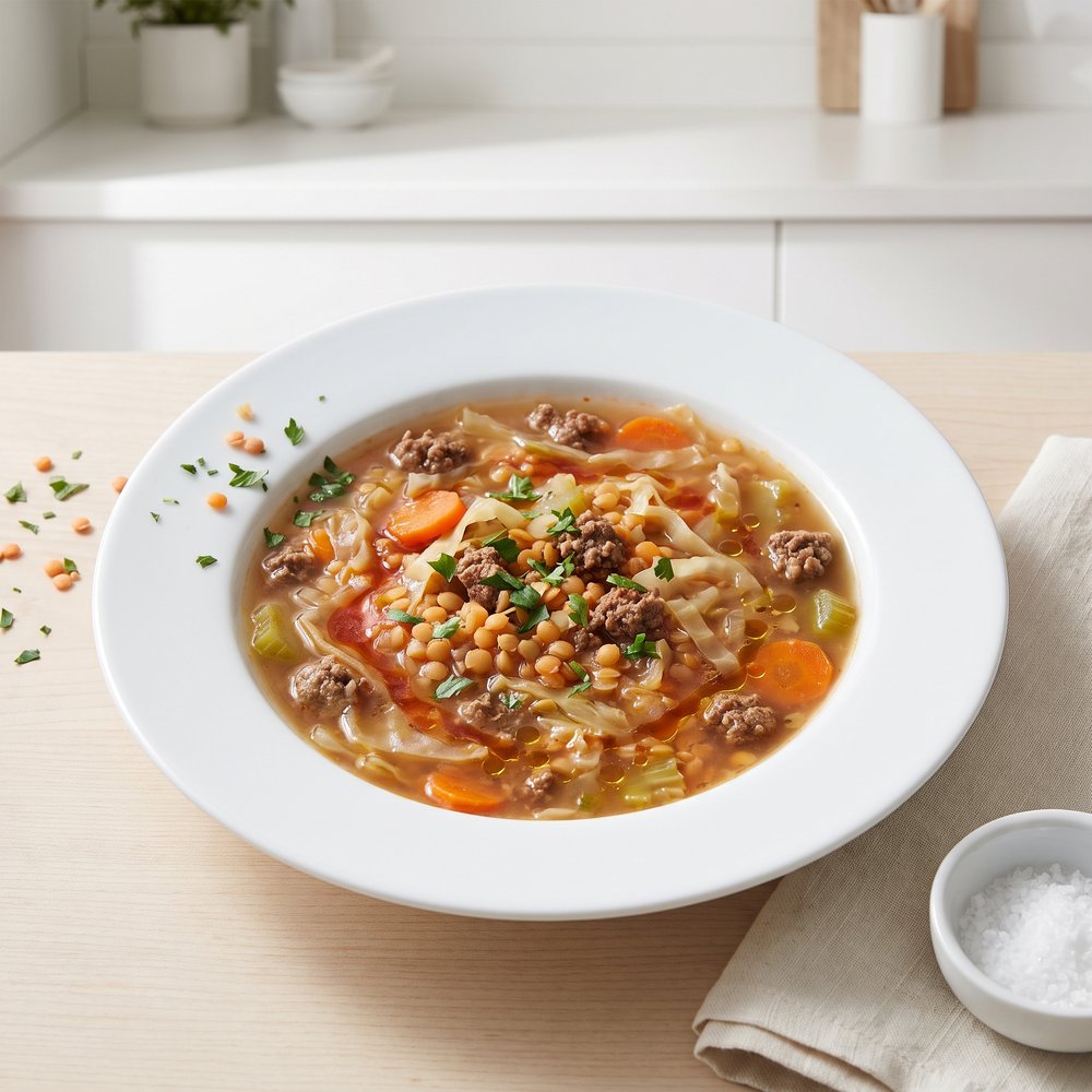 Rustic Beef, Lentil, and Cabbage Soup