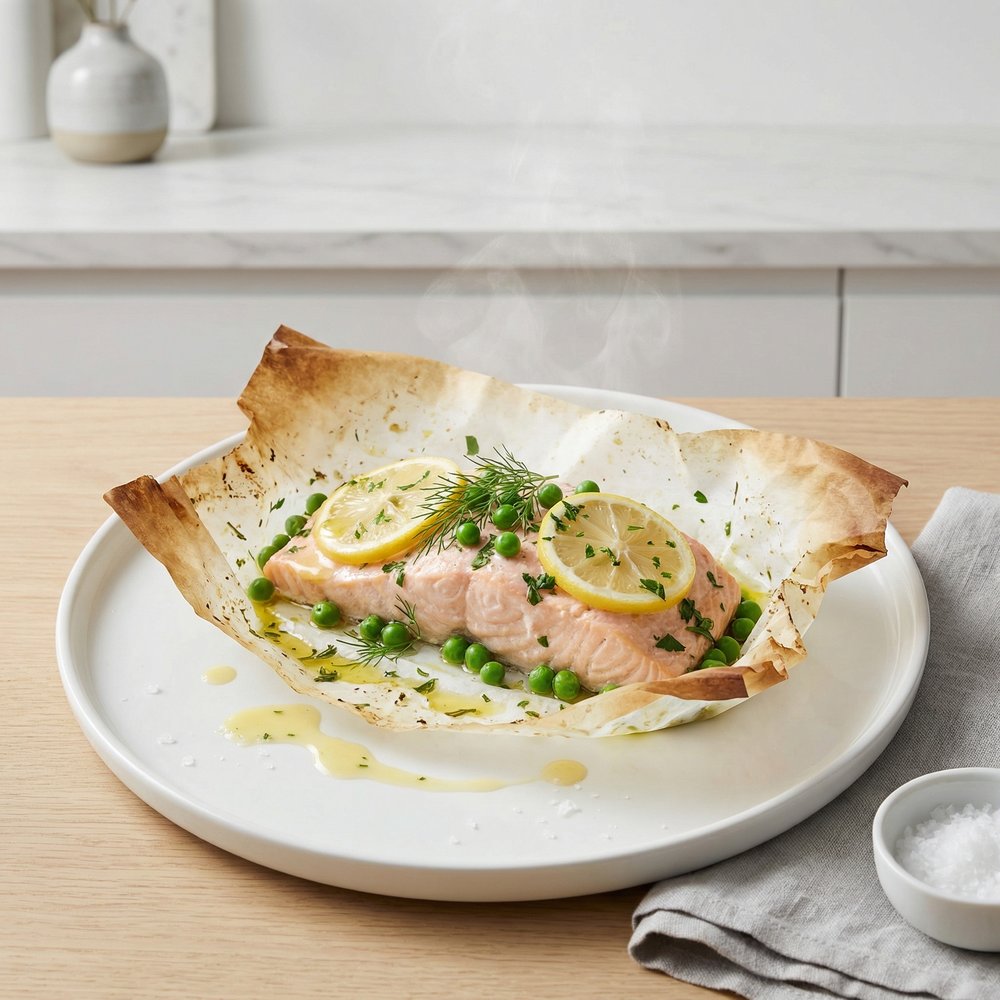 Salmon en Papillote with Peas, Garlic, and Lemon
