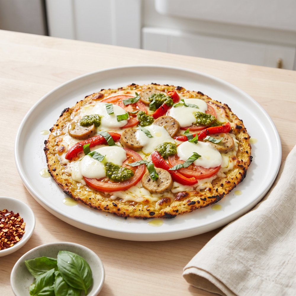 Sausage and Pesto Margherita on Cauliflower Crust