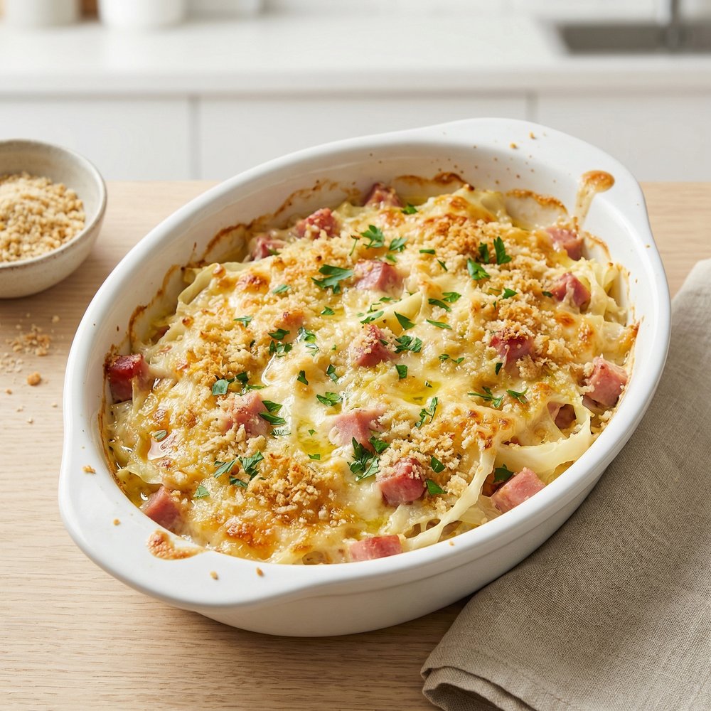 Ham and Cheese Scalloped Cabbage Bake