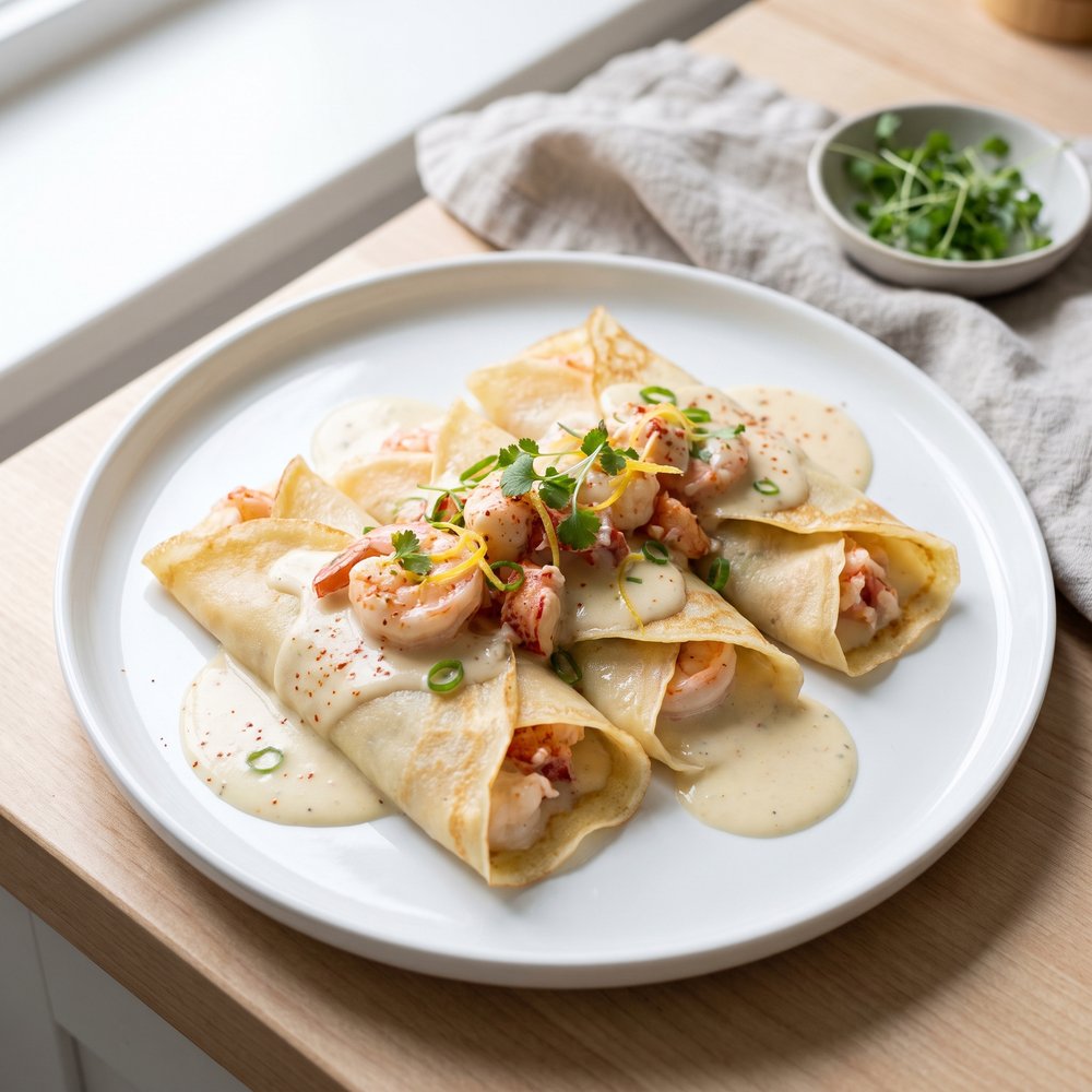 Seafood-Stuffed Crepes with Shrimp and Lobster