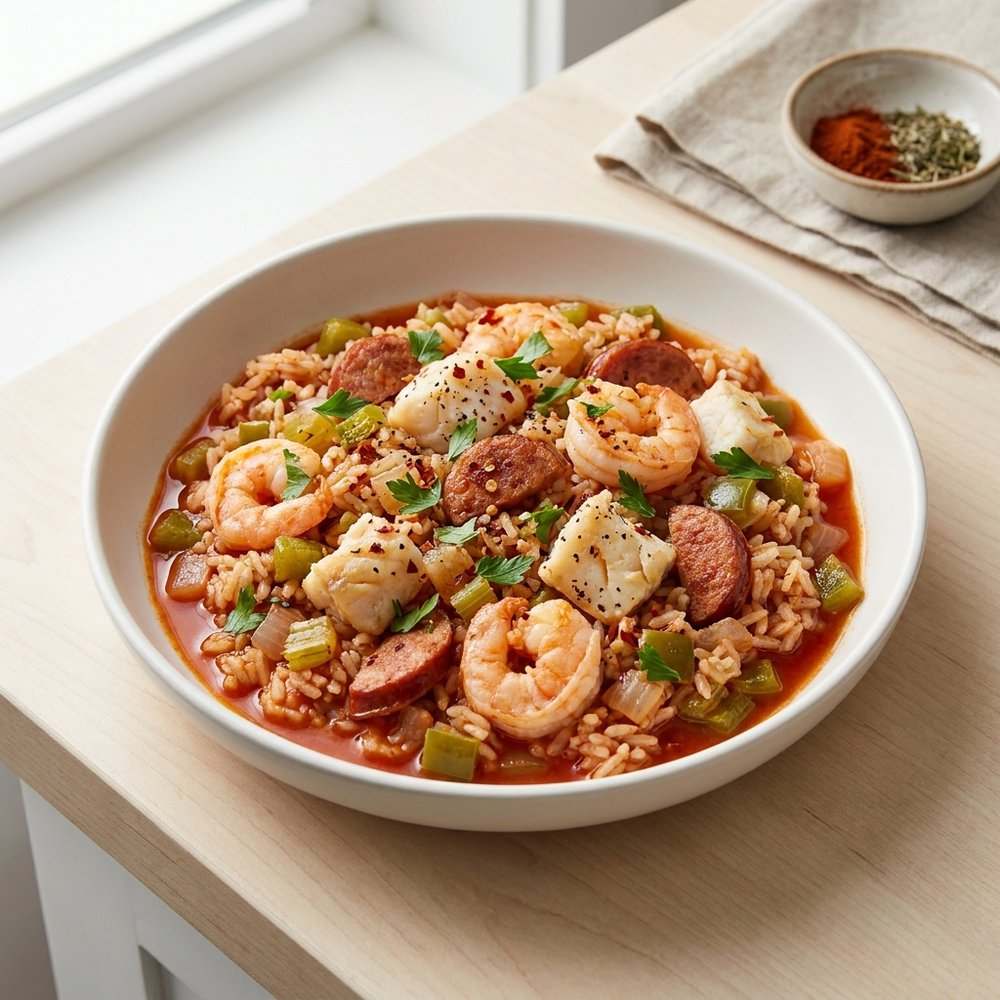 Seafood Jambalaya with Shrimp, Sausage, and Cod