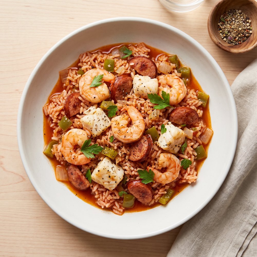 Seafood Jambalaya with Shrimp, Sausage, and Cod