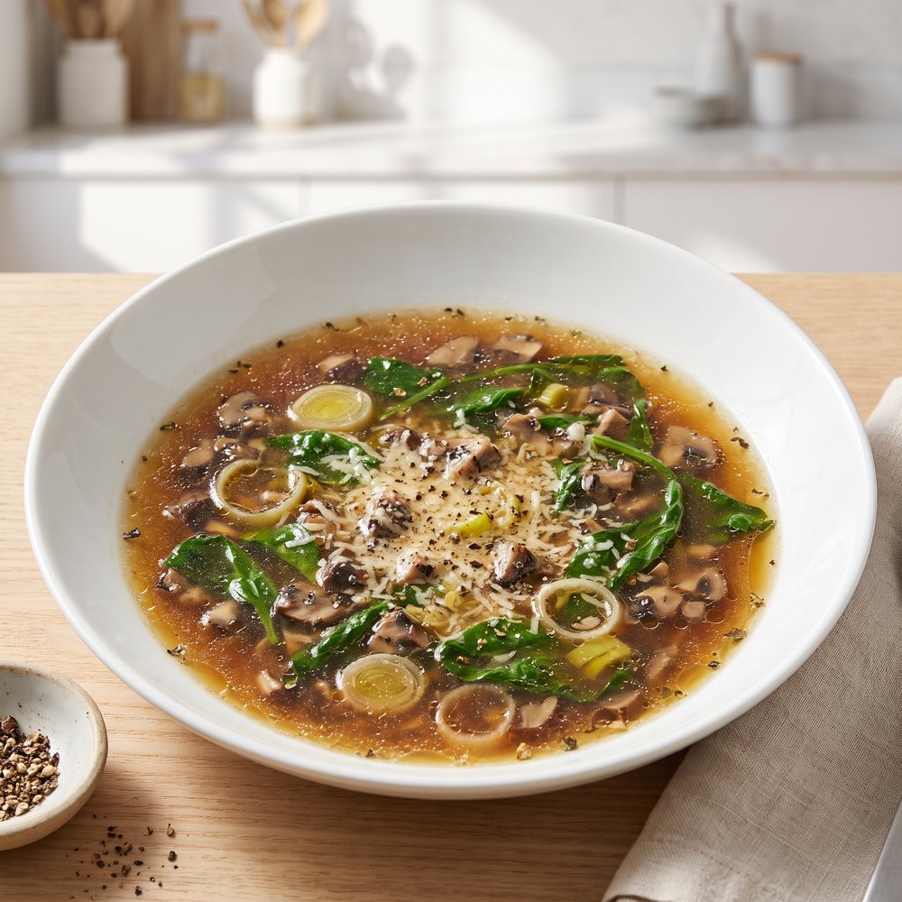Sherried Mushroom and Spinach Soup with Leeks