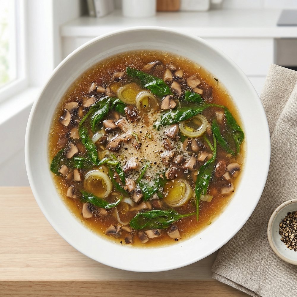 Sherried Mushroom and Spinach Soup with Leeks