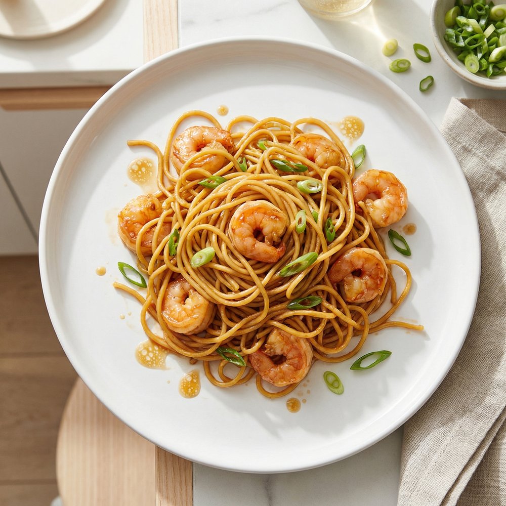 Garlic Shrimp Lo Mein with Hoisin-Soy Sauce