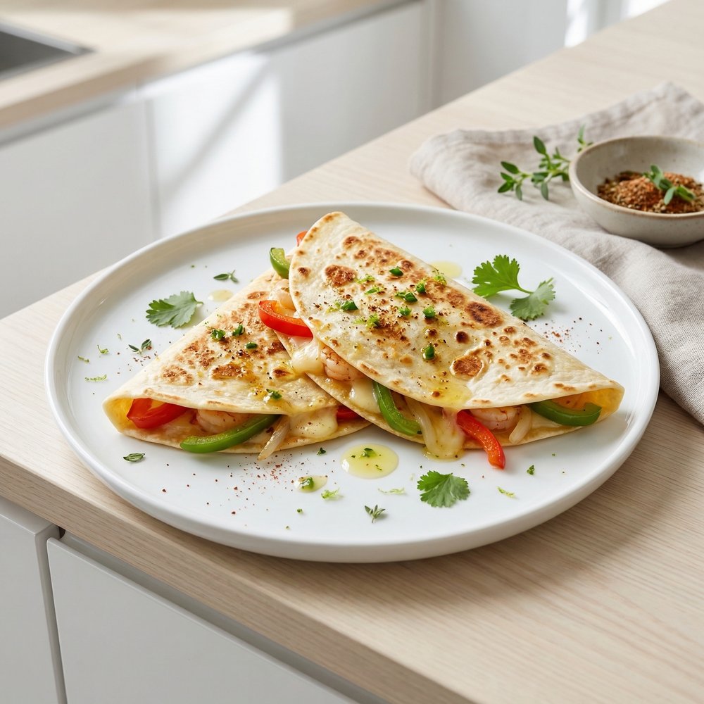 Cheesy Shrimp Quesadillas with Peppers and Onions