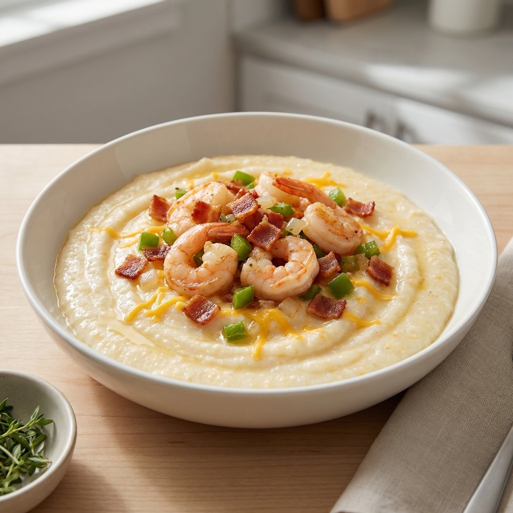 Bacon-Studded Shrimp with Creamy Cheddar Grits