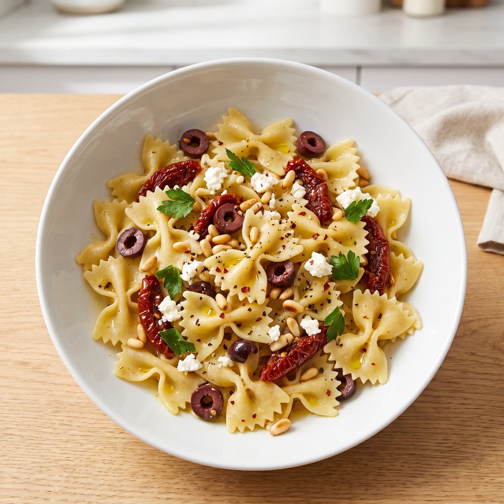 Sicilian-Style Farfalle with Sun-Dried Tomatoes and Feta
