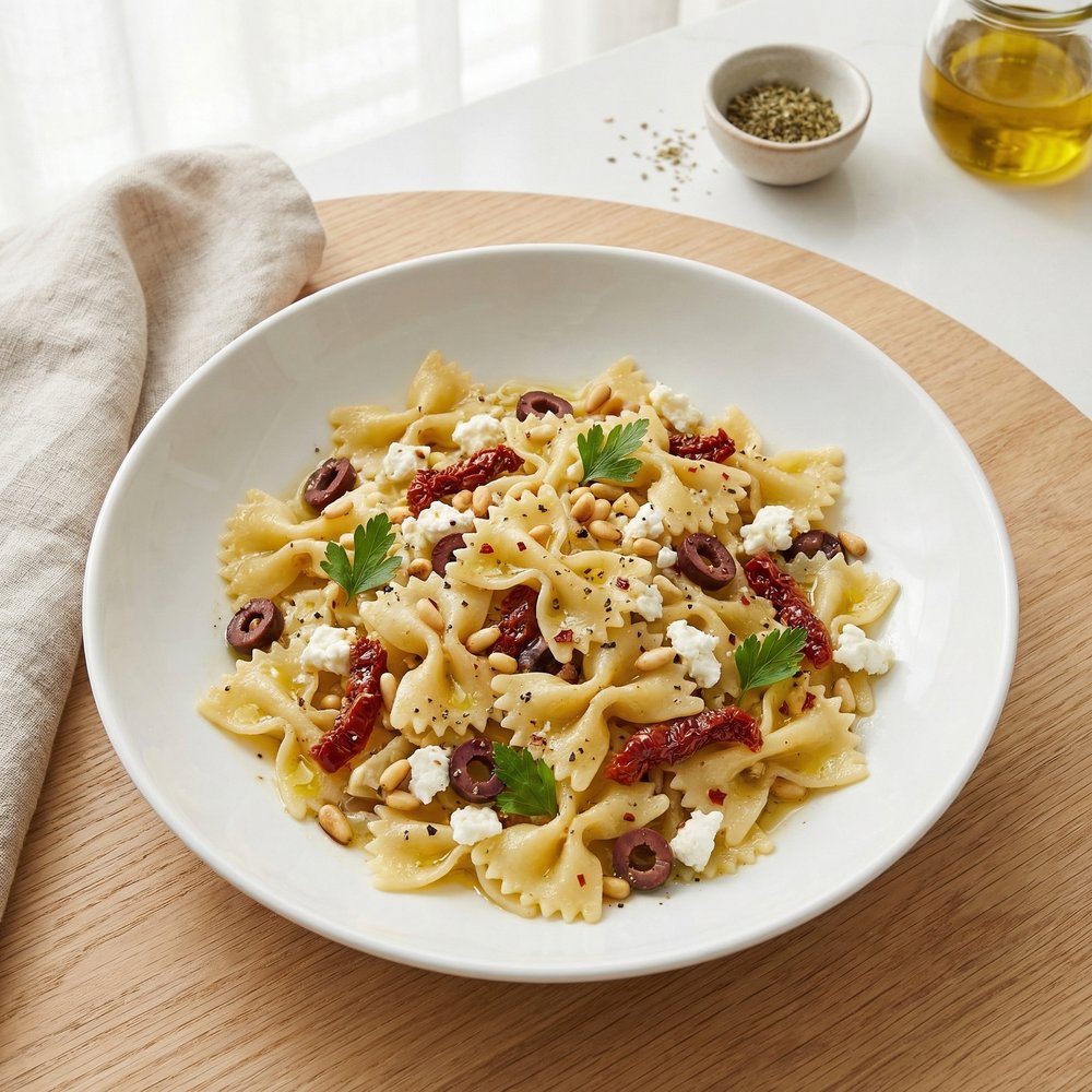 Sicilian-Style Farfalle with Sun-Dried Tomatoes and Feta