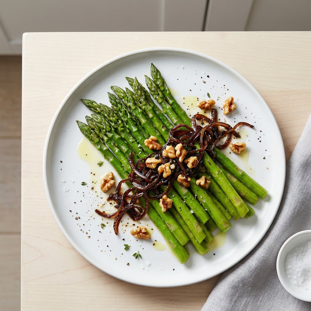 Skillet Asparagus with Caramelized Onions and Walnuts