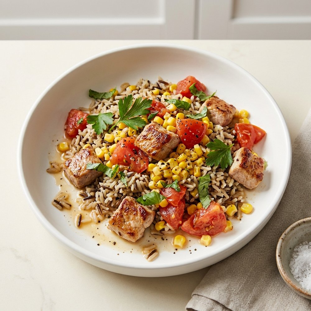Skillet Pork Chops with Wild Rice and Corn