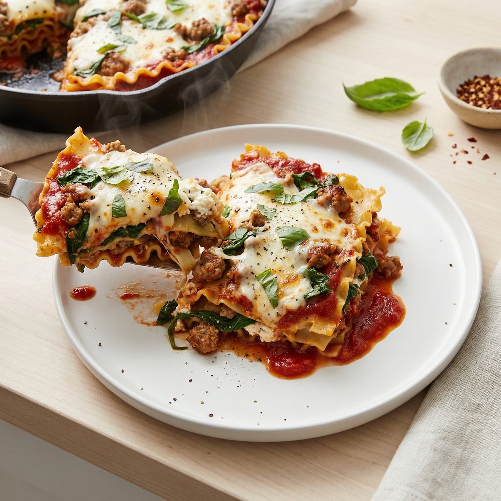 One-Pan Spinach Sausage Lasagna Skillet