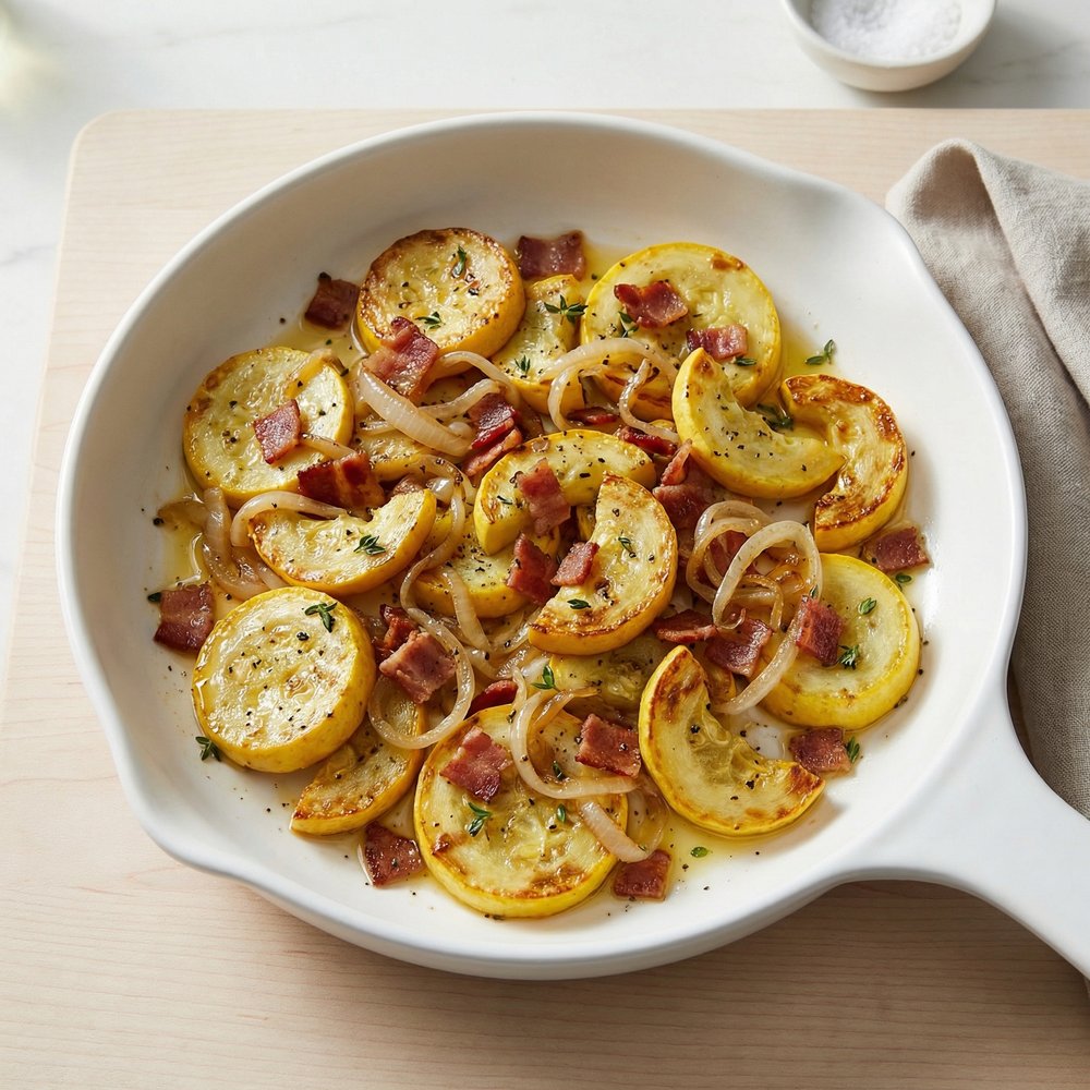 Pan-Fried Summer Squash with Bacon and Onions