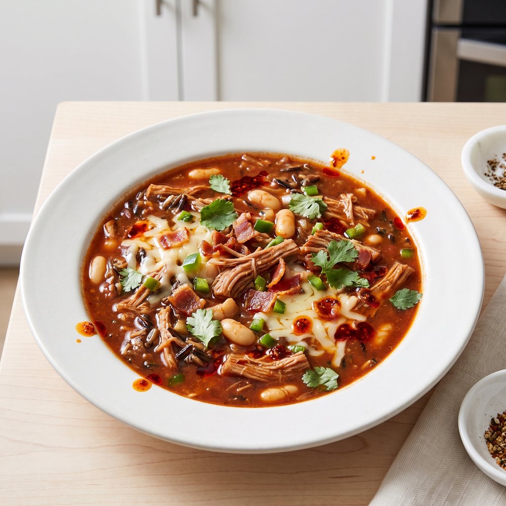 Slow-Cooked Pork Chili with Bacon and Beans