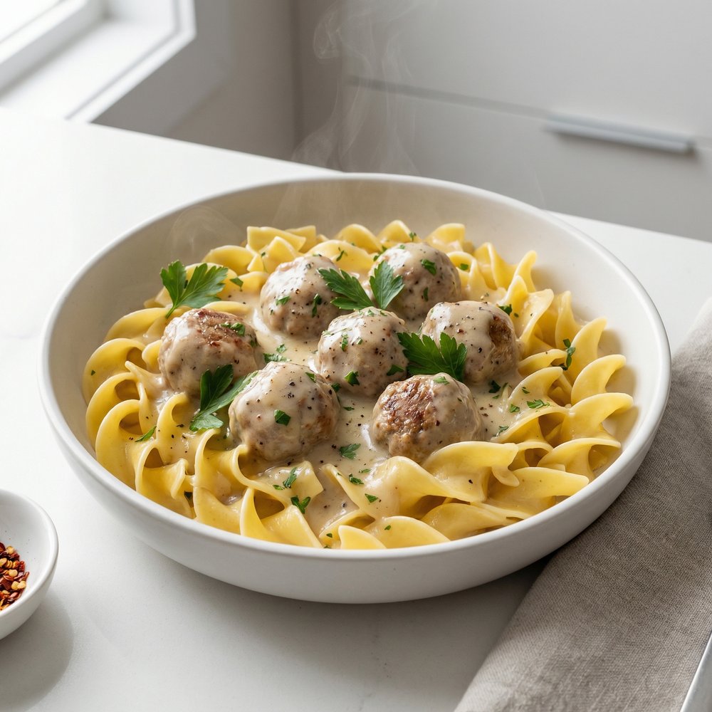 Anna's Amazing Easy Pleasy Meatballs over Buttered Noodles