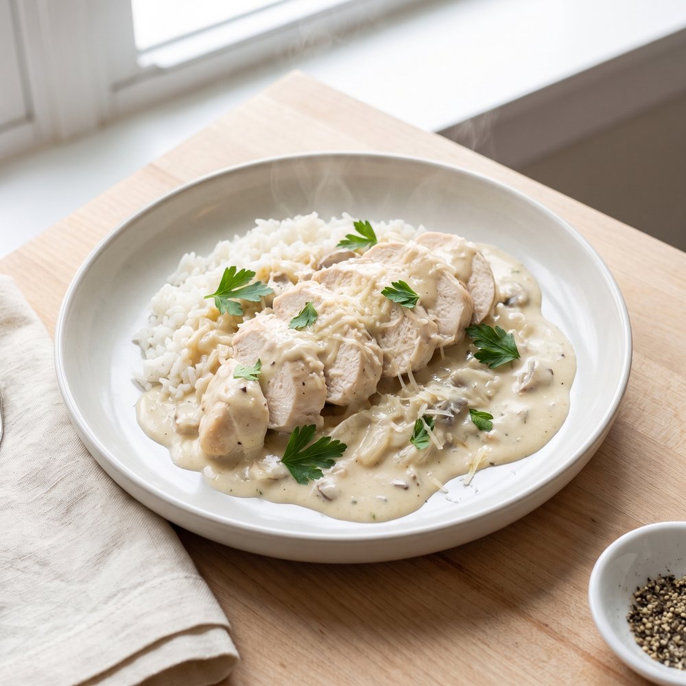 Slow Cooker Creamy Onion-Mushroom Chicken and Rice with Parmesan