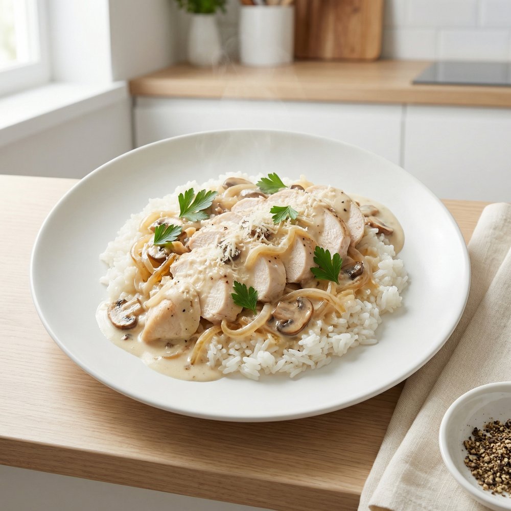 Slow Cooker Creamy Onion-Mushroom Chicken and Rice with Parmesan
