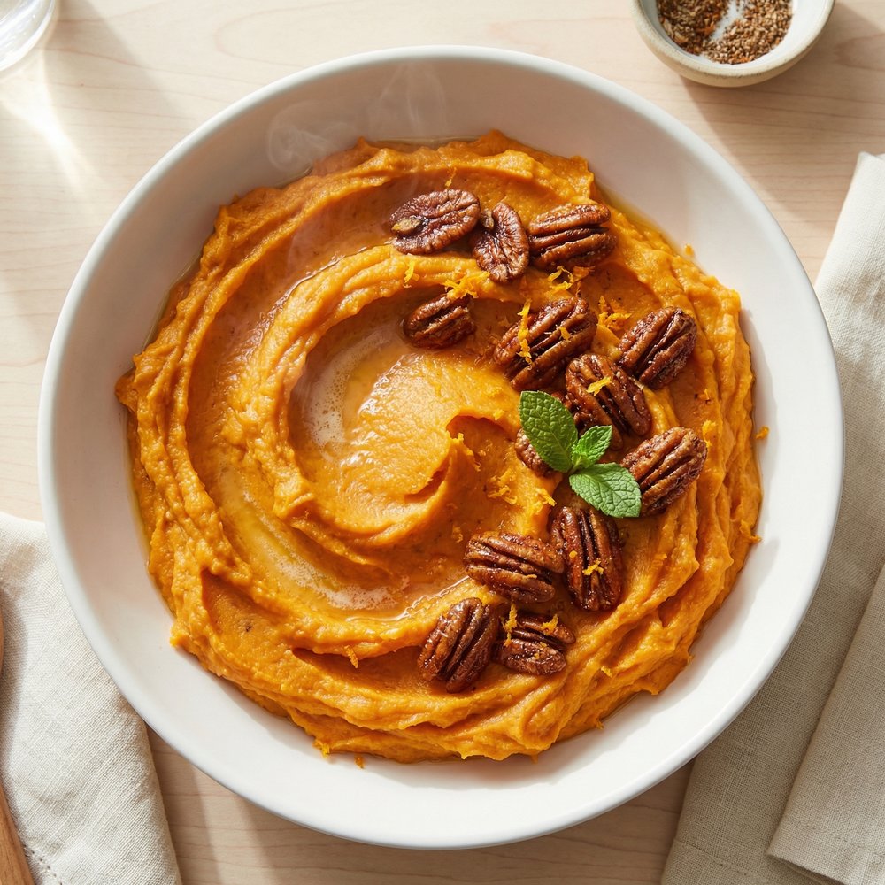 Crockpot Mashed Sweet Potatoes with Chili-Pecan Crunch