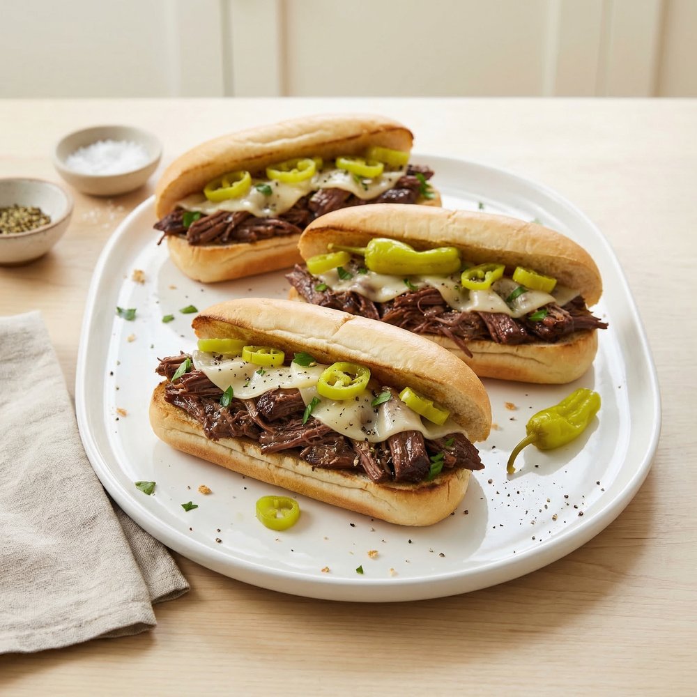 Tangy Pepperoncini Chuck Roast Sandwiches