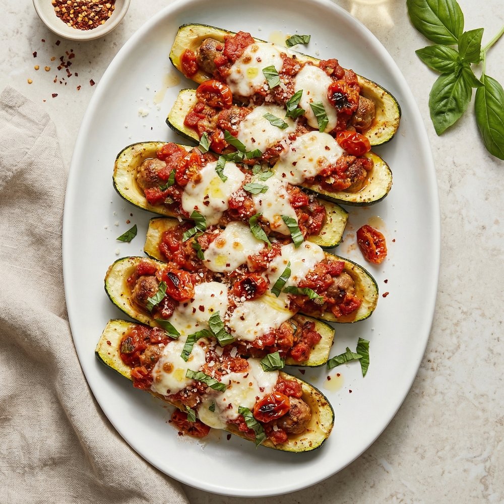 Crockpot Sausage-Stuffed Zucchini Boats