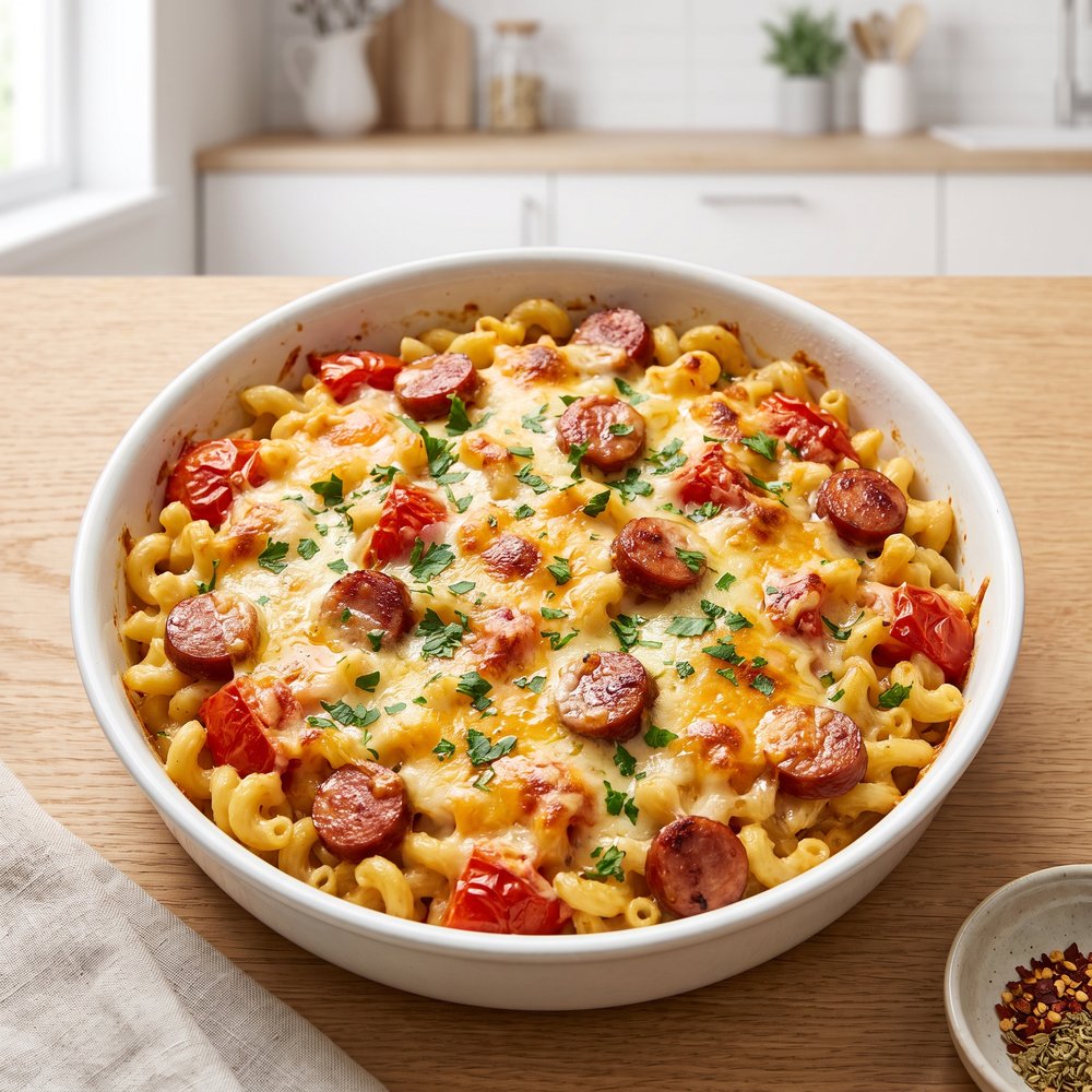 Smoked Sausage and Three-Cheese Mac Casserole