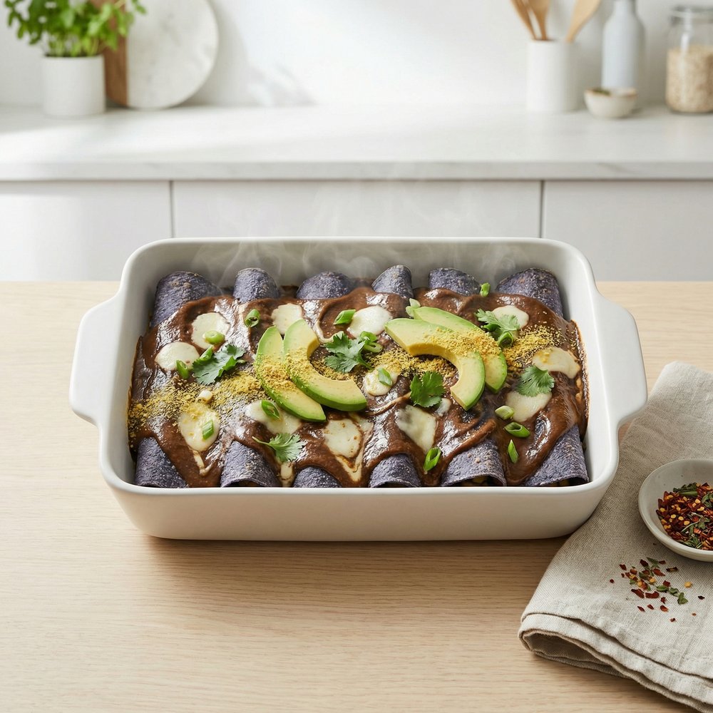 Plant-Based Pasilla Enchiladas with Avocado and TVP