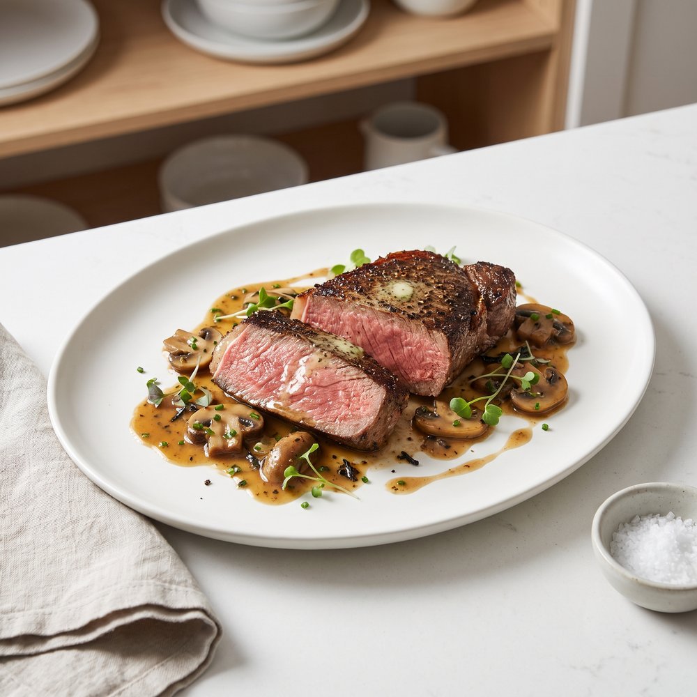Sous Vide NY Strip with Mushroom Pan Sauce