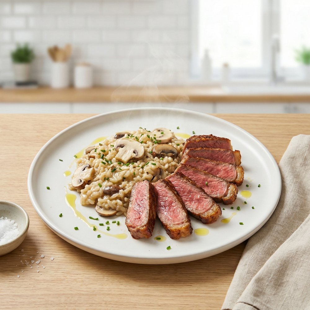 Ribeye Steaks with Creamy Mushroom Risotto