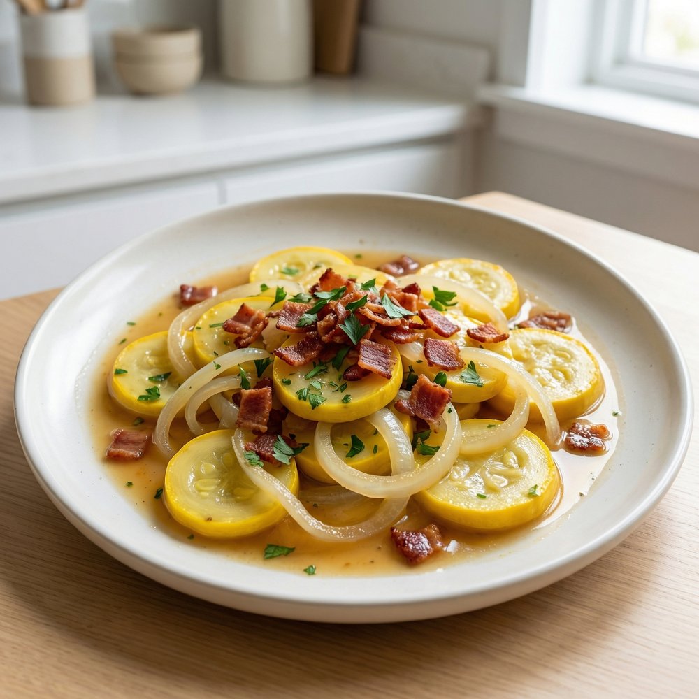 Braised Yellow Crookneck Squash with Bacon