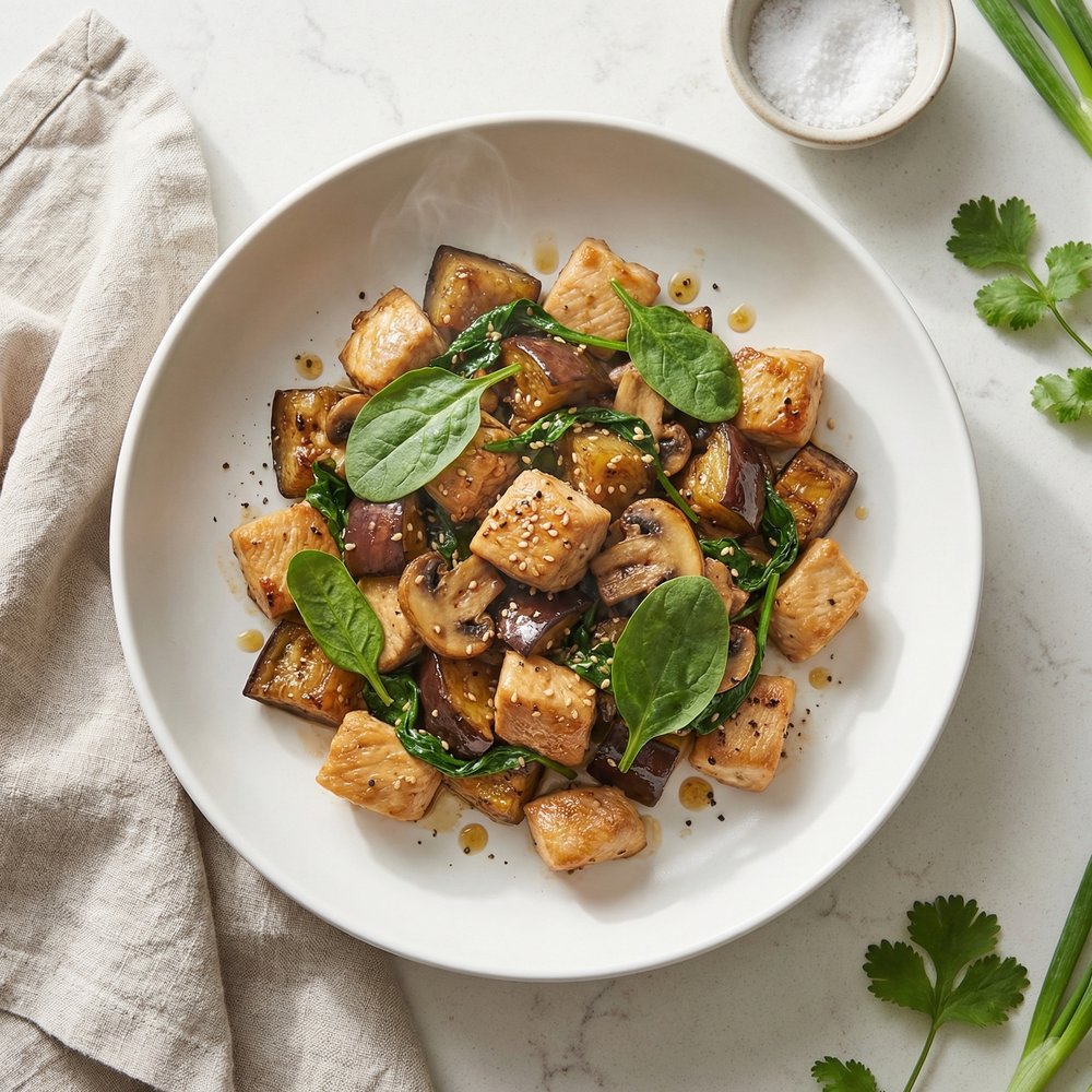 Stir-Fried Chicken with Eggplant and Spinach