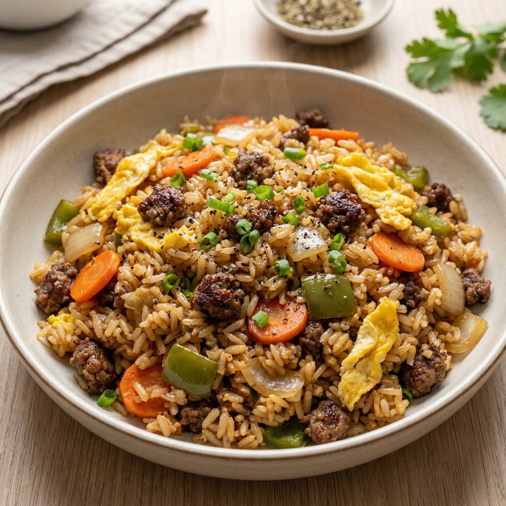Beefy Fried Rice with Veggies and Egg